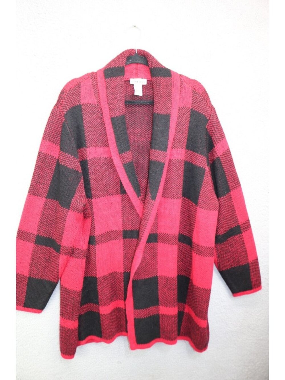 Catherine's Long Puff Sleeves‎ Open Front Black Red Plaid Sweater-2X-Very Soft